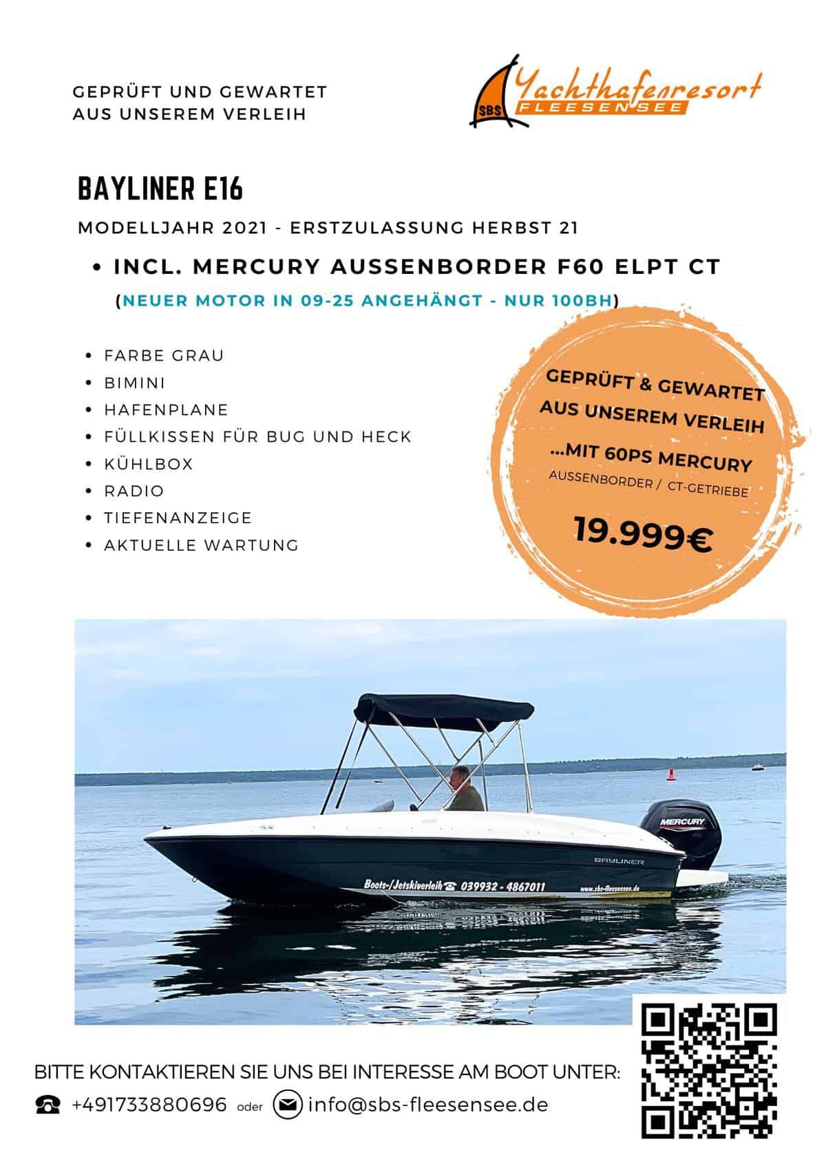 Bayliner Element E16 Boot auf Fleesensee mit Mercury Außenborder.
